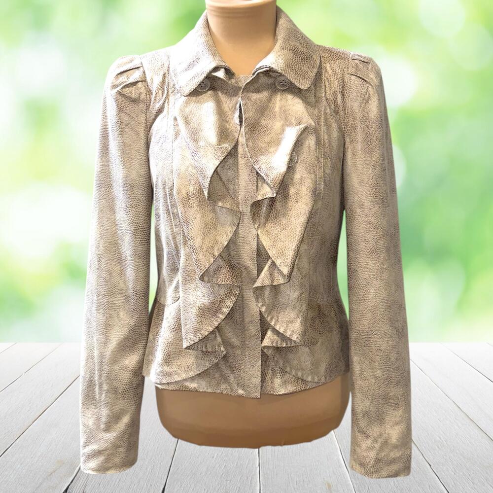 Vintage INC Ruffle Front Jacket Snake Print Romantic Y2K Zip Up Beige Womens M/8